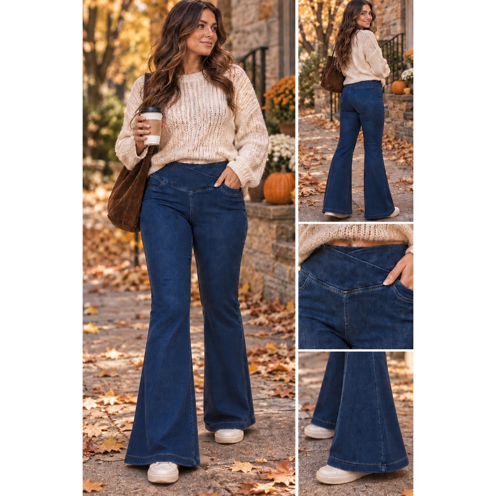 Halara Flare Jeans XL Blue Crossover High Waist Wide Leg Pull On Denim #1625